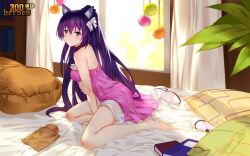 1girl 300_heroes animal_ears bed book bread breasts cat_ears curtains date_a_live dress food game_cg hair_dryer high_heels light long_hair looking_at_viewer medium_breasts morning nightgown official_art pillow plant purple_dress purple_eyes purple_hair solo thighs third-party_source yatogami_tohka