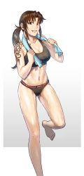 1girl azasuke barefoot black_bra black_lagoon black_panties bra breasts brown_eyes brown_hair cleavage english_text grin highres leg_up long_hair medium_breasts navel panties ponytail revy_(black_lagoon) smile solo sports_bra sweat tattoo towel underwear underwear_only