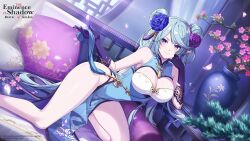 1girl artist_request blue_dress blue_flower blue_hair breasts china_dress chinese_clothes cleavage closed_mouth copyright_name copyright_notice dress epsilon_(kage_no_jitsuryokusha_ni_naritakute!) falling_petals flower hair_flower hair_ornament highres kage_no_jitsuryokusha_ni_naritakute! kage_no_jitsuryokusha_ni_naritakute!_master_of_garden long_hair pelvic_curtain petals pillow pink_petals plant pointy_ears potted_plant purple_eyes purple_flower sleeveless sleeveless_dress solo tassel tassel_hair_ornament