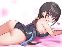 Rule 34 | 1girl, ass, bare shoulders, blue eyes, blue hair, blush, breast press, breasts, cougar (cougar1404), from behind, from side, large breasts, leotard, long hair, looking at viewer, low twintails, lying, multicolored hair, on stomach, open mouth, original, sideboob, smile, solo, twintails, two-tone hair, very long hair