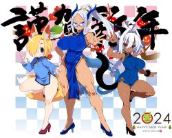 2024 3girls ahoge animal_ear_fluff animal_ears armpits black_shoes blonde_hair blue_dress blue_eyes blue_shoes blush bottomless breasts cat_ears cat_girl cat_tail china_dress chinese_clothes chinese_zodiac closed_mouth dark-skinned_female dark_skin double_fox_shadow_puppet dragon_girl dragon_tail dress eyebrows_hidden_by_hair flat_chest fox_ears fox_girl fox_shadow_puppet fox_tail full_body hair_between_eyes hair_intakes happy_new_year high_heels highres large_breasts long_hair looking_at_viewer multiple_girls new_year original outstretched_hand ponytail red_eyes red_shoes semi-rimless_eyewear shoes short_eyebrows short_hair smile standing standing_on_one_leg stiletto_heels tail tsukinoha_mio very_long_hair white_hair year_of_the_dragon
