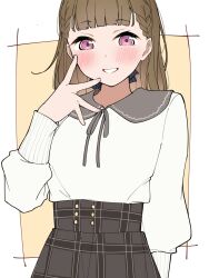 1girl black_bow black_skirt blush border bow braid brown_hair center-flap_bangs commentary contrast_collar cowboy_shot grin hair_bow hashtag-only_commentary highres kachimachi_kosuzu kachimachi_kosuzu_(summer_casual) link!_like!_love_live! liz_(piyoko_piyop) long_hair looking_at_viewer love_live! official_alternate_costume outside_border pink_eyes plaid_clothes plaid_skirt rounded_collar shirt side_braids simple_background skirt smile solo virtual_youtuber white_border white_shirt yellow_background