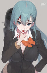 1girl aqua_eyes aqua_hair black_cardigan black_jacket blood bow bowtie breasts cardigan collared_shirt dress_shirt grey_background haruto_(harut_n) jacket kantai_collection large_breasts long_hair machinery orange_bow orange_bowtie shirt simple_background smokestack solo suzuya_(kancolle) suzuya_kai_ni_(kancolle) upper_body white_shirt