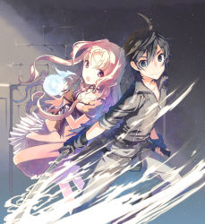 1boy 1girl :o ahoge bad_id bad_pixiv_id black_eyes black_hair h2so4 highres holding long_hair looking_at_viewer no open_mouth original pink_eyes pink_hair samayou_shinki_no_duelist smile sword weapon