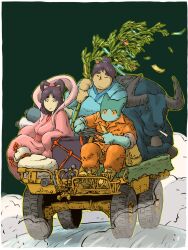 Rule 34 | 1girl, 2boys, bamboo, black cat, black hair, box, bull, cat, driving, green background, hair rings, highres, jumpsuit, leaning on object, multiple boys, orange jumpsuit, original, red sash, sack, sash, steering wheel, wheel, yabarn