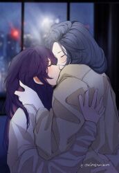 2girls black_hair closed_eyes colored_inner_hair commentary english_commentary hand_in_another&#039;s_hair hand_on_another&#039;s_back highres indoors kiss long_hair love_curse:_find_your_soulmate mole mole_under_eye multicolored_hair multiple_girls night pink_hair purple_hair selene_yan shirt theimajeanation victoria_qi white_shirt window yellow_shirt yuri