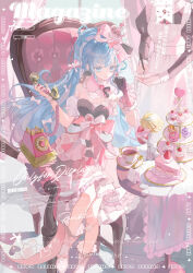 2girls apron black_dress blue_eyes blue_hair bow cake chair cup cupcake dress flower food frills fruit gloves hair_bow highres holding long_hair maid mayijiang multiple_girls original pink_bow sitting solo_focus table teacup teapot tiered_tray twintails very_long_hair