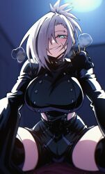 1girl aqua_eyes armor black_jacket black_shorts blush breasts commentary commission dryegen english_commentary girls&#039;_frontline hair_over_one_eye heavy_breathing highres indoors jacket large_breasts mg5_(girls&#039;_frontline) mg5_(knight_of_calamity)_(girls&#039;_frontline) official_alternate_costume parted_lips pauldrons scar scar_on_face short_shorts shorts shoulder_armor single_pauldron sitting skull_pauldron slit_pupils smile solo white_hair