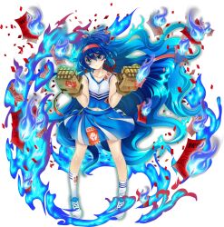1girl alternate_costume blue_bow blue_eyes blue_fire blue_hair blue_shirt blue_shoes blue_skirt bow cheerleader closed_mouth collarbone confetti fire full_body game_cg gloves hair_bow hairband highres long_hair looking_at_viewer multicolored_shirt multicolored_skirt navel official_art paper red_hairband rotte_(1109) shaded_face shirt shoes simple_background skirt sleeveless sleeveless_shirt sneakers socks solo third-party_source touhou touhou_lostword translation_request transparent_background two-tone_shirt very_long_hair white_shirt white_skirt white_socks yorigami_shion yorigami_shion_(bill_paid_for_with_cheer)