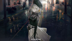 Rule 34 | 1girl, absurdres, belt, black belt, black shirt, chain, commentary request, criss-cross straps, detached sleeves, earrings, from above, gloves, green eyes, grey hair, guilongchao, hat, highres, jewelry, looking at viewer, mrilsweet, multicolored hair, partially fingerless gloves, road, shirt, shirt tucked in, skirt, smile, watermark, weibo watermark, white skirt, yubing (guilongchao)