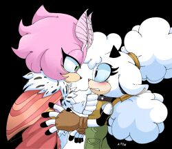 2girls absurdres animal_ears arthropod_girl black_background blue_sclera blush brown_gloves buddyhyped character_request colored_sclera commentary dress english_commentary fingerless_gloves from_side furry furry_female gloves green_eyes green_pants hand_on_another&#039;s_chin highres horns insect_girl lanolin_the_sheep moth_girl multiple_girls pants pink_fur red_dress sheep_ears sheep_horns signature simple_background sonic_(series) sonic_the_hedgehog_(idw) white_gloves
