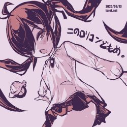 1girl :o ahoge backbeako_(torotei) backbeard blush commentary_request cowboy_shot dated dated_commentary gegege_no_kitarou hair_over_one_eye hair_ribbon hat kindergarten_uniform kono_lolicon_domome long_hair long_sleeves looking_at_viewer monochrome open_mouth original paid_reward_available pink_background pink_theme pleated_skirt pointy_ears ribbon school_hat simple_background skirt solo torotei translated twintails watermark web_address