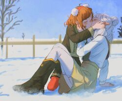 2girls asimov_(spindle_(aidenr0)) black_boots black_coat blue_sky blush boots brown_hair brown_skirt closed_eyes coat commentary crossed_ankles day elf english_commentary hair_bun hair_ornament hairband highres jacket kiss knee_boots kneeling long_sleeves multiple_girls original ottilie_(spindle_(aidenr0)) outdoors pantyhose pointy_ears pom_pom_(clothes) pom_pom_hair_ornament reclining red_hairband red_pantyhose skirt sky snow spindle_(aidenr0) thighhighs white_hair white_jacket white_thighhighs winter yuri