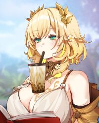 Rule 34 | 1girl, aglaea (honkai: star rail), bare shoulders, blonde hair, blurry, blurry background, book, breast tattoo, breasts, bubble tea challenge, commentary, cup, disposable cup, drinking, drinking straw, drinking straw in mouth, flower, foxyreine, green eyes, hair flower, hair ornament, head wreath, highres, holding, holding book, honkai: star rail, honkai (series), large breasts, looking down, medium hair, outdoors, reading, signature, solo, tattoo, white flower