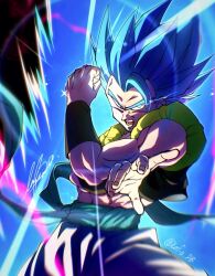 Rule 34 | 1boy, aura, black vest, blue eyes, blue hair, blue sash, clenched hand, cowboy shot, cropped vest, dragon ball, dragon ball super, dragon ball super broly, fighting stance, gogeta, highres, lafia db, male focus, metamoran vest, muscular, open mouth, pants, powering up, sash, signature, solo, spiked hair, super saiyan, super saiyan blue, teeth, vest, white pants