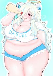 1girl arm_behind_back artist_request blue_background blue_hair blue_shorts blush bottle breasts cleavage crop_top doubliel fake_halo fat fat_woman green_hair hair_over_one_eye halo holding holding_bottle horns large_breasts long_hair mahjong_fight_girl mayonnaise_bottle messy_hair mole mole_on_thigh multicolored_hair navel one_eye_covered osasimi_00_00 red_eyes shirt short_shorts shorts solo standing star_(symbol) sweat thick_thighs thighs tongue tongue_out unbuttoned white_shirt