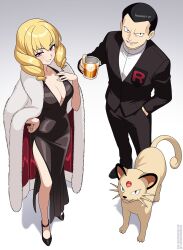 1boy 1girl absurdres black_hair blonde_hair breasts character_request cup dress drill_hair glass highres holding holding_cup ice ice_cube large_breasts nico-neko nintendo no_bra pokemon pokemon_(creature) revealing_clothes short_hair simple_background team_rocket white_background