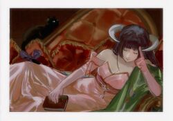1girl ashashio black_cat black_hair blunt_bangs book border cat closed_eyes closed_mouth couch detached_sleeves dress featherine_augustus_aurora highres holding holding_book long_hair lying mature_female on_couch on_side outside_border pink_dress pink_sleeves smile solo umineko_no_naku_koro_ni white_border