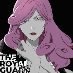 1girl black_background bleach bleach:_sennen_kessen-hen breasts cleavage close-up commentary_request copyright_name curly_hair english_text eyebrows_hidden_by_hair eyelashes film_grain hand_up highres hikifune_kirio large_breasts long_hair looking_at_viewer mature_female nail_polish official_style one_eye_closed orange_eyes parted_bangs parted_lips pink_hair pink_nails red_lips simple_background smile solo tsurime yuuta_(yuuta0312)