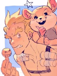 2boys animal arm_up blonde_hair canister chest_harness clenched_teeth commentary explosive grenade hammond_(overwatch) hamster harness highres junkrat_(overwatch) kanataria looking_at_another male_focus multiple_boys open_mouth overwatch overwatch_1 prosthesis prosthetic_arm single_tooth sketch smiley_face star_(symbol) symbol-only_commentary teeth thick_eyebrows thumbs_up uneven_eyes upper_body yellow_eyes