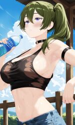 1girl absurdres alternate_costume arm_strap black_choker black_sports_bra blue_sky blush bottle breasts choker cleavage cloud collarbone commentary contemporary day denim double-parted_bangs english_commentary english_text fence green_hair hair_between_eyes hair_over_shoulder hair_tie highres holding holding_bottle hot large_breasts lewd_chan long_bangs long_hair navel no_shirt o-ring o-ring_choker outdoors parted_lips purple_eyes side_ponytail sideboob sky solo sousou_no_frieren sports_bra stomach sweat ubel_(sousou_no_frieren) upper_body very_sweaty water water_bottle wet wet_clothes wet_sports_bra wooden_fence