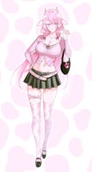 1girl animal_ears bag belt black_skirt braid breasts cleavage collarbone cow_ears cow_girl cow_horns cropped_shirt da_jins_rins frilled_thigh_strap full_body hair_intakes handbag highres horns jewelry large_breasts long_hair long_sleeves looking_at_viewer navel navel_piercing necklace original piercing pink_belt pink_hair pleated_skirt purple_eyes skirt standing thigh_strap thighhighs twin_braids