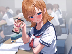 3girls 4boys absurdres blue_eyes blue_sailor_collar blue_skirt blush bra breasts brown_hair cellphone chair desk eraser highres holding holding_phone jfjf large_breasts medium_hair multiple_boys multiple_girls navel non-web_source notebook ooarai_school_uniform original panties pencil_case phone pink_bra pink_panties sail sailor_collar school_chair school_desk school_uniform seductive_smile shirt short_sleeves skirt smartphone smile solo_focus underwear white_shirt