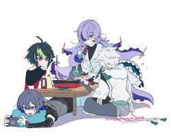 4boys :d :o antenna_hair artist_name black_gloves black_hair black_shirt blue_eyes blue_hair bottle chabudai_(table) chopsticks closed_mouth collared_shirt commentary_request cracked_skin cup cushion dytica_(nijisanji) earrings facing_away fingerless_gloves food from_behind gloves green_hair grey_eyes grey_pants grey_shirt hair_between_eyes hair_ornament hairclip hanafuda_earrings handheld_game_console hands_up holding holding_chopsticks holding_handheld_game_console holding_plate hollow_body hoshirube_sho hoshirube_sho_(1st_costume) inami_rai inami_rai_(1st_costume) jacket japanese_clothes jewelry kariginu koyanagi_rou koyanagi_rou_(1st_costume) long_hair long_sleeves lying male_focus multicolored_clothes multicolored_eyes multicolored_hair multicolored_shirt multiple_boys murakumo_kagetsu murakumo_kagetsu_(1st_costume) nijisanji ninahachi nintendo_switch on_stomach open_mouth pants plate puffy_long_sleeves puffy_sleeves purple_eyes purple_hair red_shirt shirt short_hair short_sleeves sidelocks simple_background sitting smile soy_sauce_bottle streaked_hair suction_cups sweatdrop table takoyaki tassel tentacles twitter_username virtual_youtuber white_background white_hair white_jacket wide_sleeves