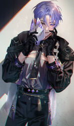 Rule 34 | 1boy, ahoge, belt, black belt, black gloves, black jacket, black necktie, black pants, chain, cleavage cutout, closed mouth, clothing cutout, collared shirt, cowboy shot, earrings, fox mask, gem, gloves, grey shirt, hair between eyes, half gloves, hands up, heterochromia, highres, holding, holding mask, jacket, jewelry, kuya (nu carnival), long sleeves, looking at viewer, male focus, mask, mole, mole under eye, necktie, nu carnival, official alternate costume, open clothes, open jacket, open mouth, owner bird, pants, parted bangs, parted lips, piercing, purple eyes, purple gemstone, purple hair, shirt, short hair, smile, solo, standing, tassel, teeth, twitter username, unworn mask, yellow eyes