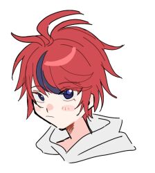 1boy ahoge blue_eyes blue_hair blush closed_mouth frown highres looking_at_viewer male_focus messy_hair multicolored_hair red_eyes simple_background solo solo_focus sumino_takumi the_hundred_line_-last_defense_academy- white_background