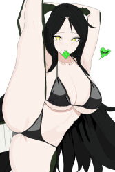 1girl absurdres bikini black_bikini black_hair blush breasts condom condom_in_mouth condom_wrapper heart highres large_breasts lizard_tail long_hair looking_at_viewer monster_girl mouth_hold parted_bangs reptile_girl reptilia_queen scales scp-682 scp_foundation simple_background solo split standing standing_on_one_leg standing_split swimsuit tail white_background yellow_eyes