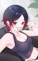 1girl adjusting_eyewear black_hair black_pants black_shirt breasts cleavage ear_piercing exqn7lcdwyelyhj glasses gradient_hair highres kisaragi_ren_(vtuber) looking_at_viewer multicolored_hair pants piercing red_eyes red_hair red_nails shirt short_hair sitting solo tank_top virtual_youtuber vspo!