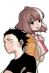 Rule 34 | aged down, bad source, black hair, black shirt, bob cut, breasts, brown eyes, brown hair, cardigan, crossed arms, dot pupils, dress, frown, green dress, holding, holding notebook, ishida shouya, koe no katachi, looking at viewer, nishimiya shouko, notebook, official alternate hairstyle, official art, ooima yoshitoki, shirt, small breasts, smile, star (symbol), star print, t-shirt, upper body, white background, yellow cardigan