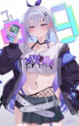 Rule 34 | 1girl, absurdres, aged up, belt, blush, bow, braid, crop top, fishnets, grey hair, hair bow, hair ornament, hairclip, handheld game console, hands on own hips, highres, holding, holding handheld game console, honkai: star rail, honkai (series), jacket, long sleeves, midriff, miya-chan (lightning0730), navel, open clothes, open jacket, purple eyes, silver wolf (honkai: star rail), single braid, skirt, solo, stomach