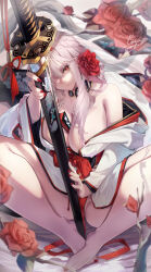 1girl barefoot between_breasts black_collar breasts closed_mouth collar collarbone commentary convenient_ribbon english_commentary feet flower folding_fan full_body gainoob goddess_of_victory:_nikke grey_hair hair_flower hair_ornament hand_fan highres holding holding_sword holding_weapon japanese_clothes katana kimono large_breasts long_hair looking_at_viewer nail_polish off_shoulder official_alternate_costume one_eye_covered red_eyes red_flower red_nails red_ribbon red_rose ribbon rose scabbard scarlet_(black_shadow)_(longing_flower)_(nikke) scarlet_(nikke) sheath sheathed signature sitting solo spread_legs sword toenail_polish toenails toes weapon white_kimono