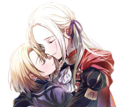 1boy 1girl aged_down ascot blue_capelet cape capelet cheek-to-cheek child closed_eyes dated_commentary dimitri_alexandre_blaiddyd dimitri_alexandre_blaiddyd_(young) edelgard_von_hresvelg fire_emblem fire_emblem:_three_houses garreg_mach_monastery_uniform gold_trim hair_behind_ear hair_between_eyes hair_intakes hair_ribbon heads_together highres holding hug long_hair nintendo purple_ribbon red_cape ribbon simple_background smile soma_otakuu upper_body white_ascot white_background white_hair