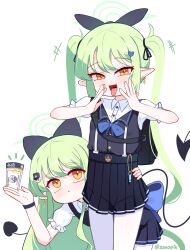 2girls black_ribbon black_skirt blue_archive blue_bow blue_bowtie bow bowtie breasts commentary demon_girl demon_tail ear_piercing green_hair green_halo grey_vest hair_ornament hair_ribbon halo highres hikari_(blue_archive) long_hair multiple_girls nozomi_(blue_archive) pantyhose piercing pointy_ears ribbon shirt simple_background skirt small_breasts sseopik tail ticket twintails very_long_hair vest white_background white_pantyhose white_shirt yellow_eyes