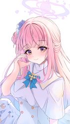 1girl absurdres blue_archive byakko_0410 capelet closed_mouth highres long_hair looking_at_viewer low_wings mika_(blue_archive) pink_hair purple_eyes simple_background smile solo upper_body white_background white_capelet white_wings wings yellow_eyes
