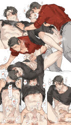 2boys :d abs anal anus arm_support arms_up belt belt_buckle black_belt black_hair black_shirt blush bottomless brown_eyes buckle chinese_commentary clenched_teeth closed_eyes clothed_sex clothes_lift collarbone collared_shirt commentary_request cum cum_on_chest cum_on_clothes cum_overflow deep_penetration ejaculation eye_contact eyepatch facial_hair fingernails goatee grey_pants hand_on_another&#039;s_stomach hands_on_another&#039;s_hips head_back heart highres holding_hands kiryu_kazuma lifting_own_clothes long_sleeves looking_at_another lower_teeth_only lying majima_goro male_focus male_masturbation male_penetrated masturbation multiple_boys multiple_views neck_blush nipples on_back one_eye_covered open_belt open_mouth pants parted_hair parted_lips pectorals penis red_shirt ryuu_ga_gotoku_(series) sex shirt shirt_lift sideburns sleeves_rolled_up smile speech_bubble spoken_heart starshadowmagician sweat teeth testicles tongue tongue_out very_sweaty watch wristwatch yaoi