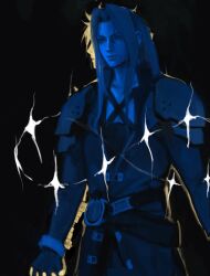 2boys armor back-to-back belt black_background black_gloves chest_strap cloud_strife final_fantasy final_fantasy_vii gloves highres holding_hands infinity_symbol junimo30669 light_smile long_hair male_focus multiple_boys parted_bangs parted_lips pauldrons sephiroth short_hair shoulder_armor sparkle standing symbolism yaoi