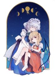 2girls absurdres apron ascot blonde_hair braid closed_eyes commentary_request crescent_moon crystal_wings expressionless flandre_scarlet frilled_shirt_collar frills full_moon grey_hair half_moon highres izayoi_sakuya long_hair looking_at_viewer maid maid_apron maid_headdress moon moon_phases multicolored_wings multiple_girls niseneko_(mofumofu_ga_ienai) no_headwear pointy_ears puffy_short_sleeves puffy_sleeves red_eyes red_skirt red_vest shirt short_sleeves side_ponytail skirt skirt_set smile socks touhou twitter_username vest white_apron white_shirt white_socks wings yellow_ascot
