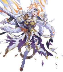 Rule 34 | 1girl, baldr (fire emblem heroes), baldr (rays of judgment) (fire emblem heroes), bodysuit, boots, breasts, cleavage, colored inner hair, cosplay, damaged, drill hair, earrings, fire emblem, fire emblem heroes, gloves, gun, halo, heterochromia, high heel boots, high heels, highres, hodr (fire emblem), hodr (fire emblem) (cosplay), jewelry, knee boots, large breasts, long hair, multicolored hair, nintendo, non-web source, official alternate costume, official art, one eye closed, open mouth, orange hair, quad drills, red eyes, rifle, solo, streaked hair, torn bodysuit, torn clothes, very long hair, weapon, white background, white gloves, yellow eyes