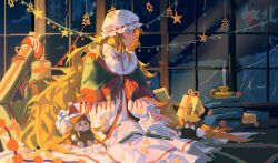Rule 34 | 1girl, backlighting, blanket, book, cabin, candlestand, christmas lights, christmas nightmare (e.g.o), christmas tree, dress, e.g.o (project moon), forest, from side, gift, glowing, glowing hair, hat, highres, holding, holding book, holding stuffed toy, ishmael (project moon), jing84672940, limbus company, long hair, mob cap, nature, neck ribbon, night, on floor, orange eyes, orange hair, project moon, ribbon, santa hat, scarf, snow, solo, star (symbol), stuffed toy, towel, very long hair, winter