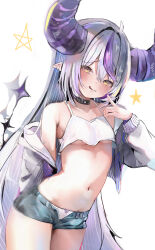 1girl :q absurdres black_horns blush bow bow_panties breasts collar collarbone cowboy_shot demon_horns earrings grey_hair highres hololive horns huge_horns jacket jewelry la+_darknesss long_hair looking_at_viewer multicolored_hair naaa_gg navel off_shoulder panties pointy_ears purple_hair purple_horns simple_background small_breasts solo spiked_collar spikes streaked_hair striped_horns tank_top tongue tongue_out underboob underwear unzipped white_background white_jacket white_panties yellow_eyes