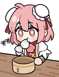 1girl absurdres bandaged_arm bandages blush bun_cover commentary double_bun eating food hair_bun highres ibaraki_kasen pink_eyes pink_hair que_si_tian_yu_ze shirt short_sleeves simple_background solo steamed_bun symbol-only_commentary tabard touhou upper_body white_background white_shirt