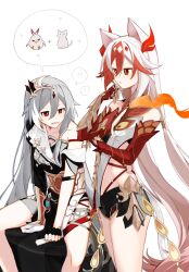 Rule 34 | 2girls, ?, animal ears, asymmetrical gloves, black dress, black gloves, black hair, cat ears, china dress, chinese clothes, commentary, dress, earrings, elbow gloves, fingerless gloves, fu hua, fu hua (garuda), herrscher of sentience, gloves, highres, honkai (series), honkai impact 3rd, jewelry, jingwei (bird), long hair, mismatched gloves, multicolored hair, multiple girls, nuta h3, red eyes, red gloves, red hair, simple background, single earring, sitting, spoken question mark, symbol-only commentary, two-tone hair, very long hair, white background, white dress, white gloves, white hair