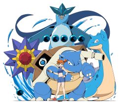 1girl articuno asymmetrical_hair blastoise blue_eyes blue_shorts breasts crop_top gen_1_pokemon hand_on_own_hip highres lapras legendary_pokemon looking_at_viewer midriff misty_(pokemon) navel nintendo open_mouth orange_hair poke_ball pokemon pokemon_frlg pokemon_tcg pokemon_tcg_pocket ponytail psaber97 red_footwear shoes short_hair shorts side_ponytail sleeveless smile standing starmie water wristband