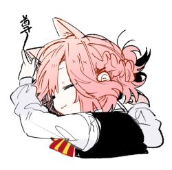 1girl :3 animal_ears braid cat_ears cat_girl closed_eyes commentary_request half_up_braid kino_himari orange_hair sasayaku_you_ni_koi_wo_utau school_uniform shirt sleeping solo takeshima_eku white_shirt