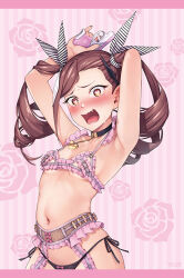 1girl arched_back armpits arms_up artist_name asymmetrical_bangs belt_collar bikini blush breasts brown_hair bullet collar copyright_name drill_hair emily_ashley fang floral_background frilled_bikini frills gun hair_ribbon handgun heart heart-shaped_pupils holding holding_gun holding_weapon honey_trap_shared_house image_sample kouzuki_kouichi micro_bikini navel nose_blush official_art open_mouth orange_eyes raised_inner_eyebrows ribbon rose_background side-tie_bikini_bottom small_breasts solo string_bikini striped_background surprised sweat swimsuit symbol-shaped_pupils third-party_source twin_drills variant_set waistband wavy_mouth weapon