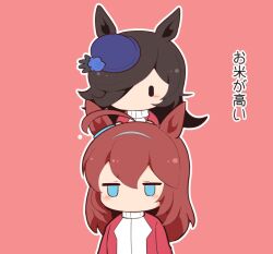 2girls ahoge animal_ears black_hair blue_eyes blue_flower blue_hat blue_rose blush_stickers brown_hair chibi commentary_request flower gomashio_(goma_feet) hair_between_eyes hair_over_one_eye hat hat_flower horse_ears jacket jitome long_hair mihono_bourbon_(umamusume) multiple_girls outline pink_background red_jacket rice_shower_(umamusume) rose tilted_headwear track_jacket translation_request umamusume white_outline |_|